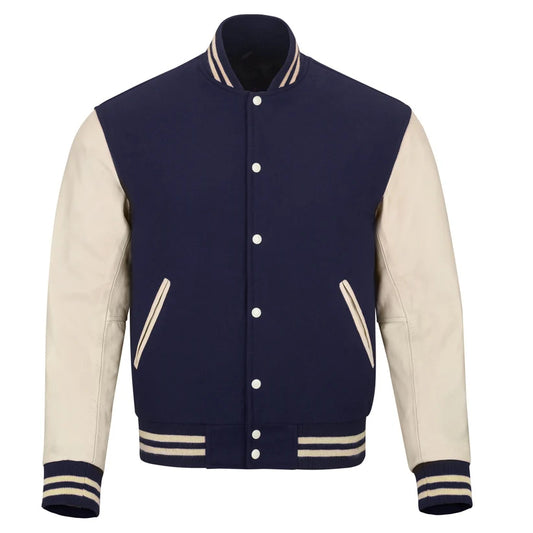 Varsity Letterman Bomber Casual Fashion Navy Blue Wool & Cream Leather Jacket