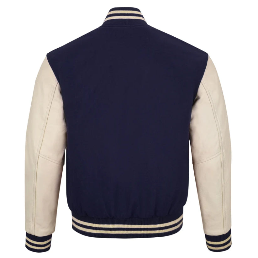 Varsity Letterman Bomber Casual Fashion Navy Blue Wool & Cream Leather Jacket