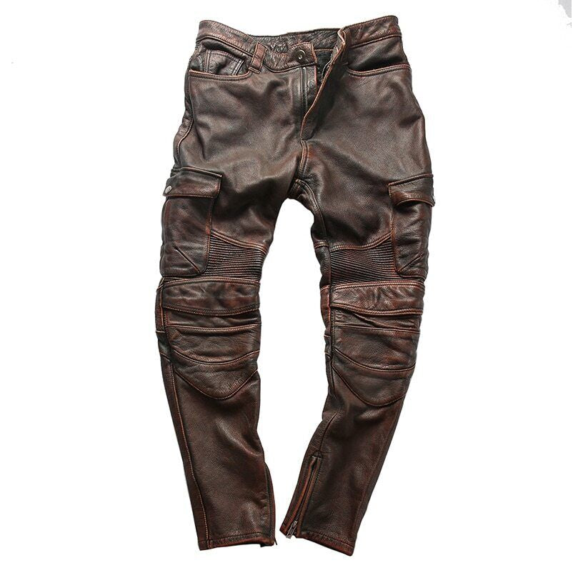 Vintage Motorcycle Biker Pants Men Genuine Cowhide Leather Trousers