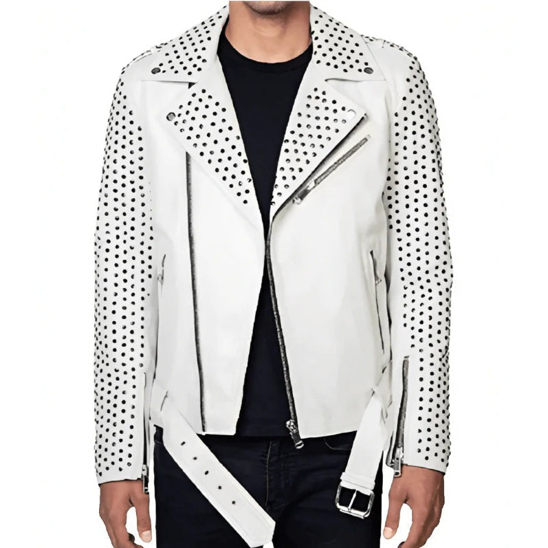 Men's White Studded Leather Biker Jacket