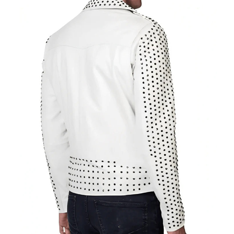 Men's White Studded Leather Biker Jacket