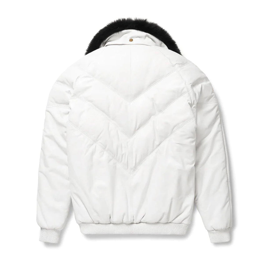 White Leather V Bomber Jacket