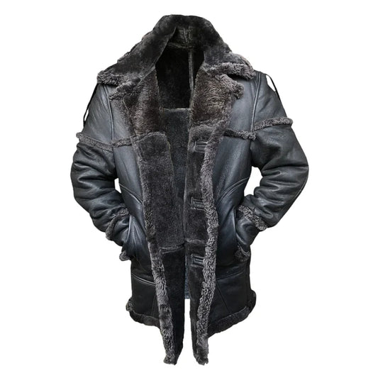 Winter Real Shearling  Black Leather Coat Men