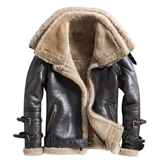 Aviator Brown RAF Leather Warm Fur Jacket Double Collar Fashion Shearling