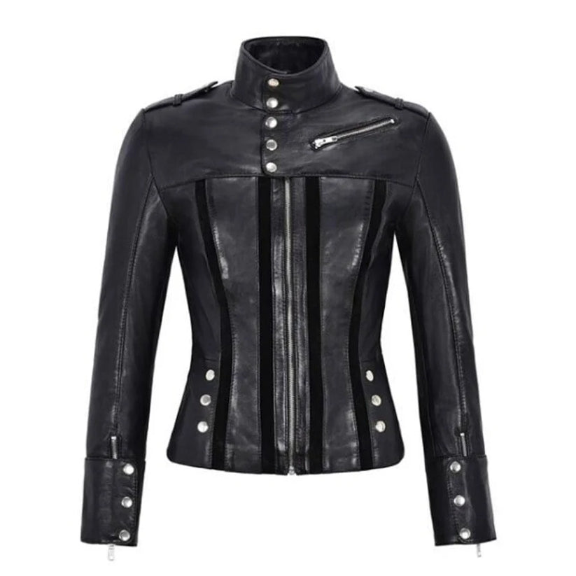 Women Biker Studded Italian Style Winter Black Jacket