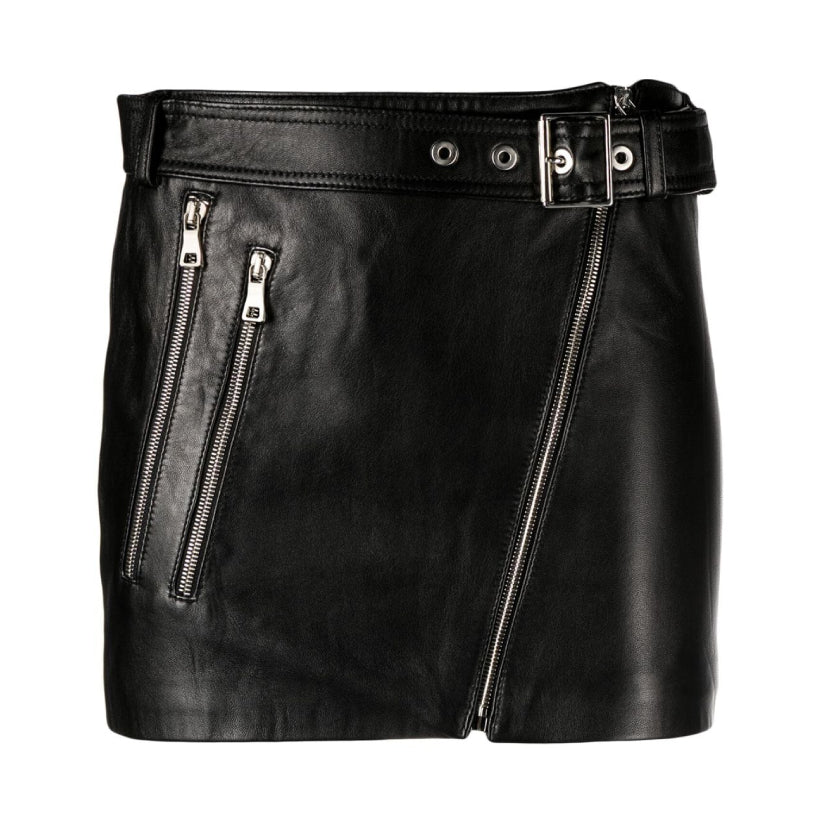Women Black Belted Leather Miniskirt