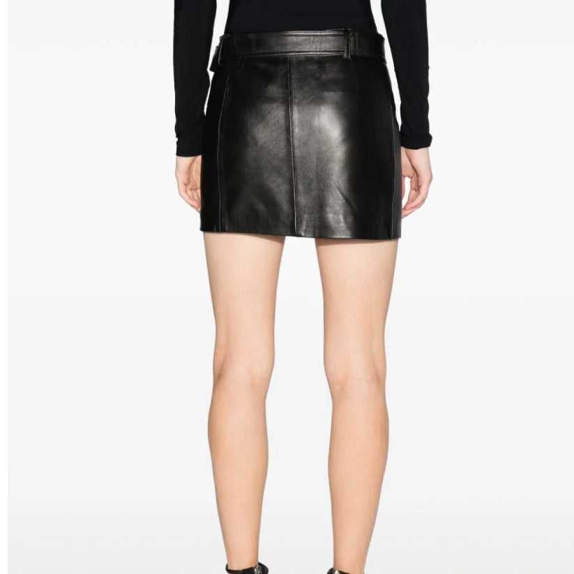Women Black Belted Leather Miniskirt
