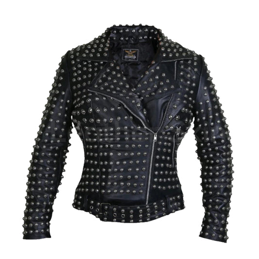 Women Black Belted Studded Leather Jacket