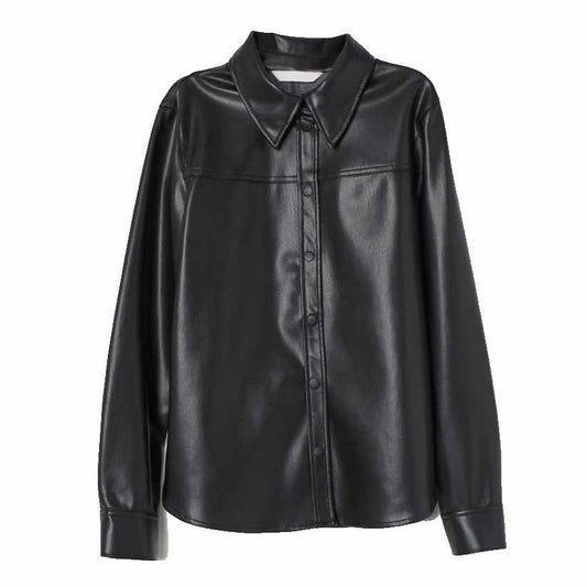 Women Black Leather Shirt