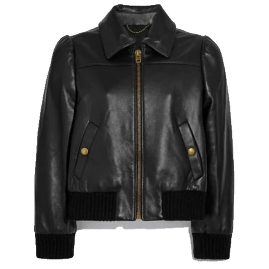 Women Black Shearling Aviator Leather Bomber Jacket