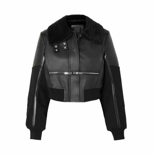 Women Black Shearling leather bomber jacket