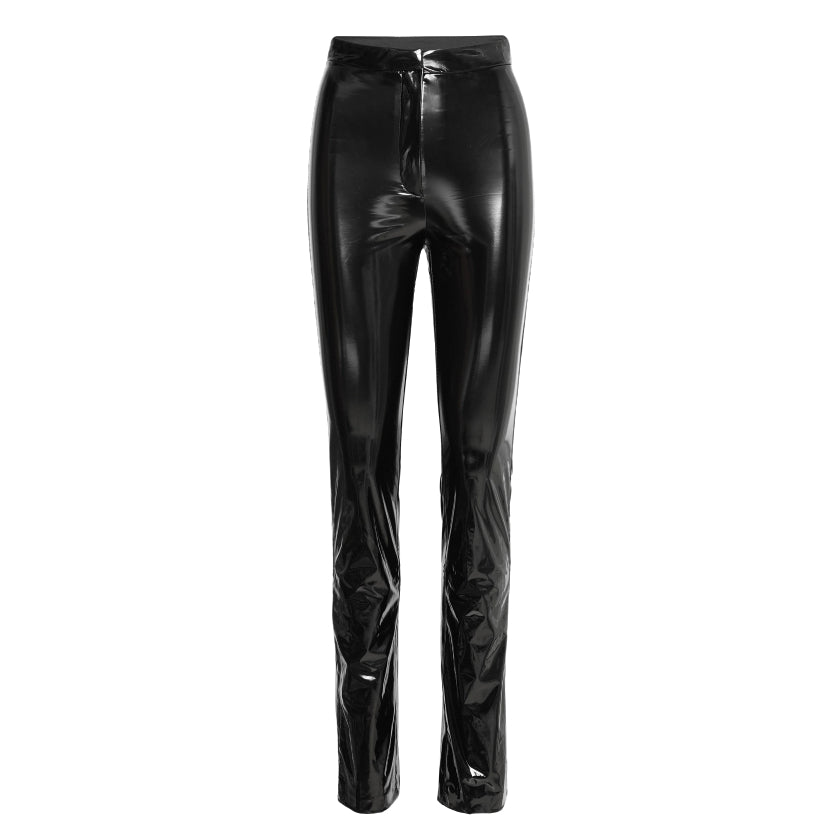 Women Black Shining Pants Leather Trousers