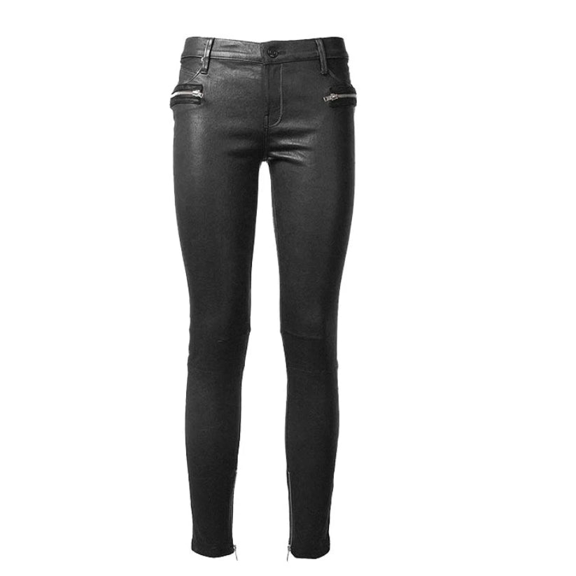 Women Black Zipper Leather Pants