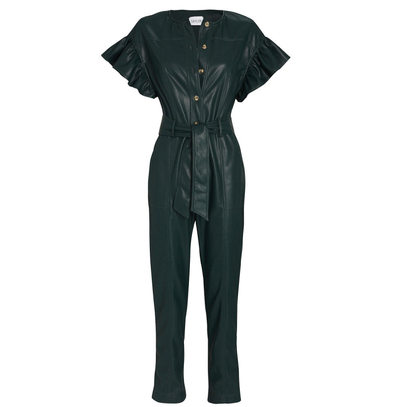 Women Dark Green Leather Jumpsuit