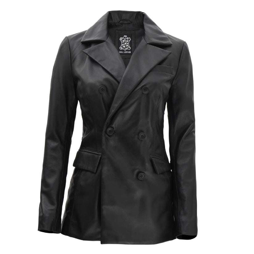 Women Double Breasted Black Leather Blazer