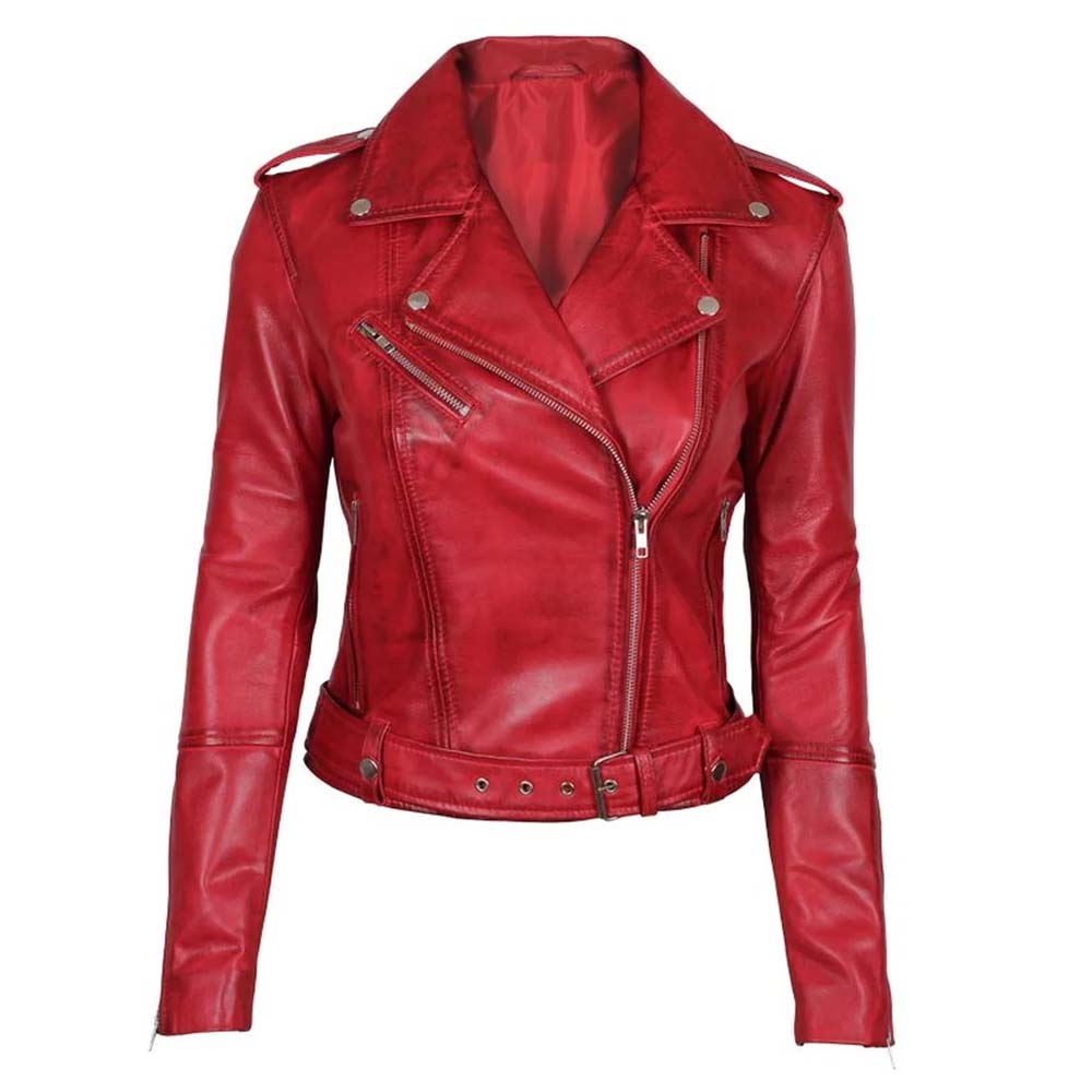 Women Fashion Red Leather Jacket