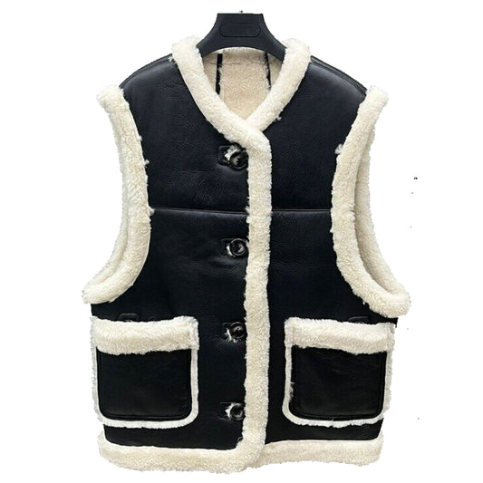 Women Genuine Sheepskin Shearling Leather Gilet Thick Warm Winter Crop Waistcoat