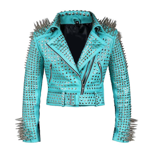 Women Genuine Silver Studs Zippered Leather Jacket