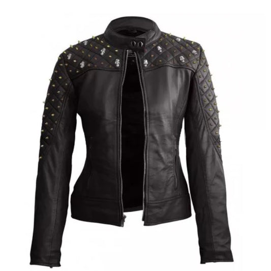 Women Golden Spike Studded Black Leather Jacket