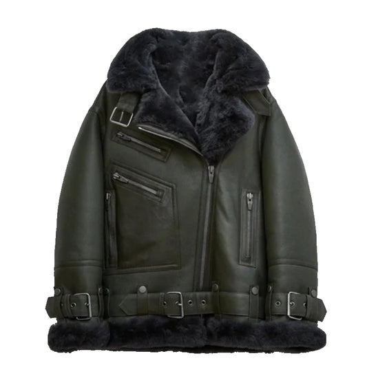 Women Green RAF Shearling Leather Jacket