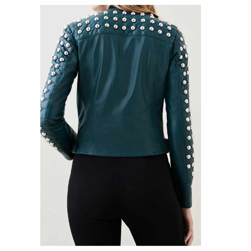 Women Green Style Studded Motorcycle Leather Jacket