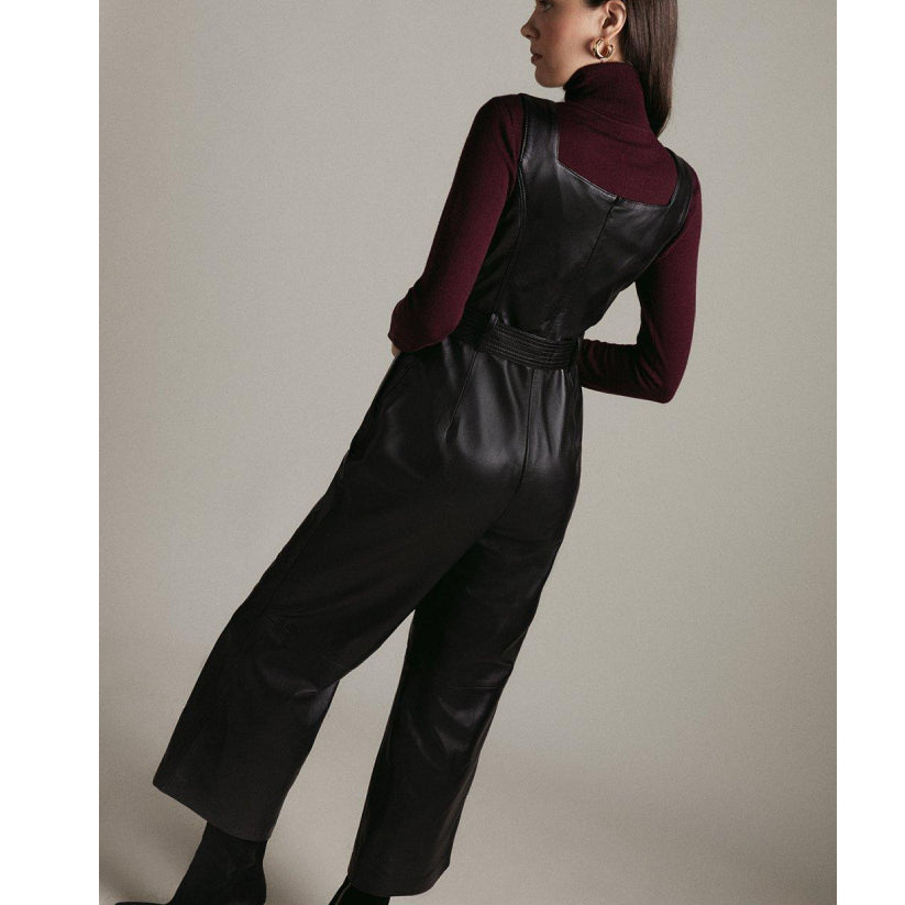Women Leather Square Neck Db Cropped Jumpsuit