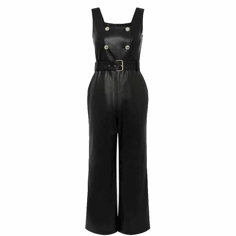 Women Leather Square Neck Db Cropped Jumpsuit