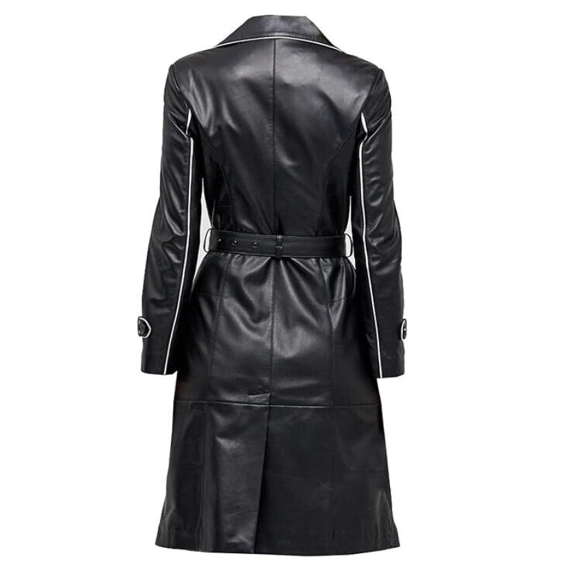 Women Long Trench Genuine Black Lambskin Leather Coat