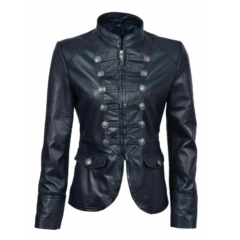 Women Motorcycle Lambskin Leather Blue Jacket