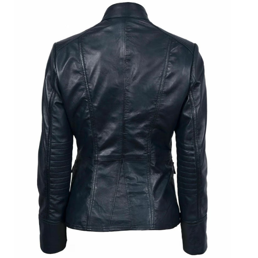 Women Motorcycle Lambskin Leather Blue Jacket