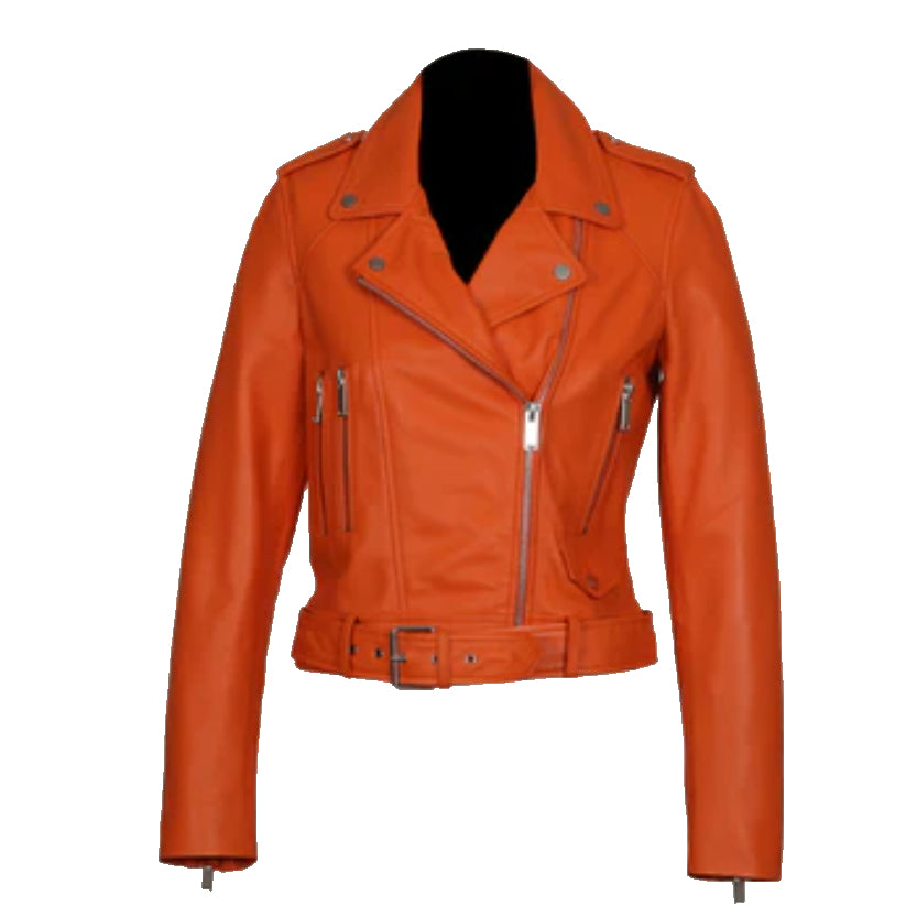 Women Orange Leather Biker Jacket