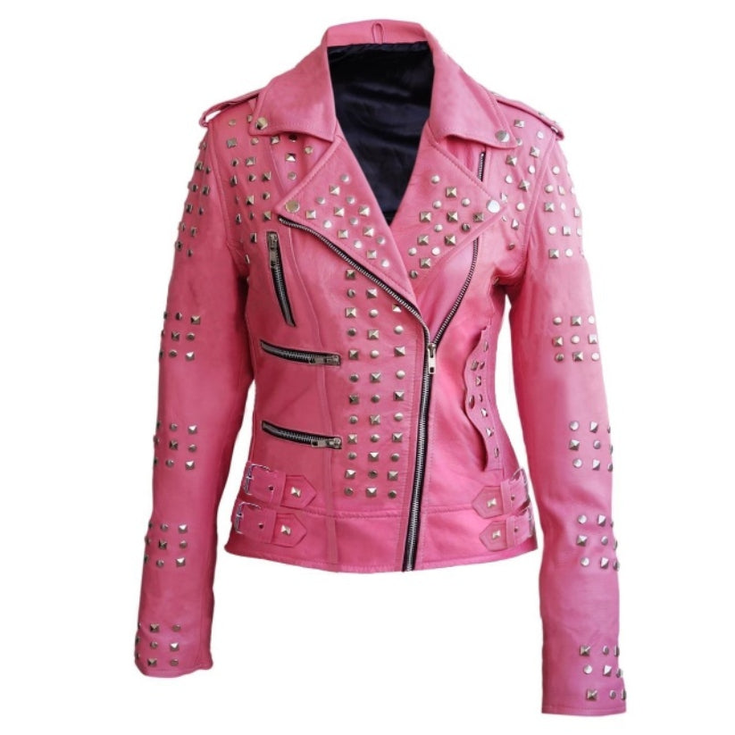 Women Pink Studded Studs Genuine Leather Jacket