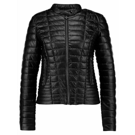 Women Real Lambskin Leather Puffer Jacket Black Quilted Biker