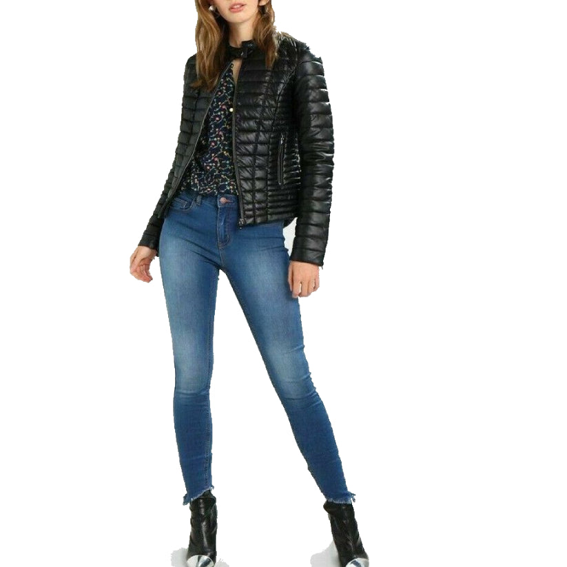 Women Real Lambskin Leather Puffer Jacket Black Quilted Biker