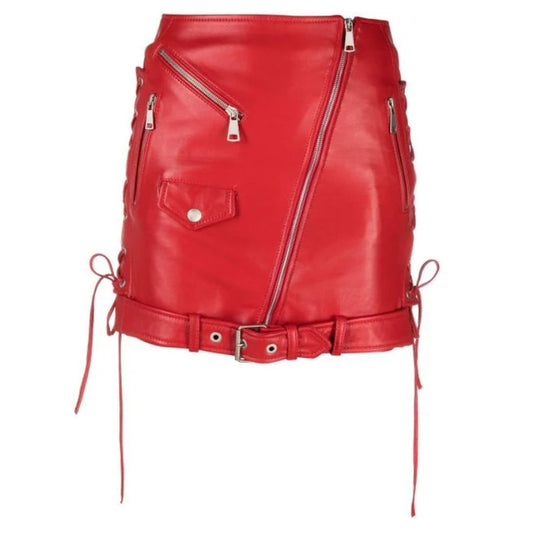 Women Red Biker Leather Miniskirt
