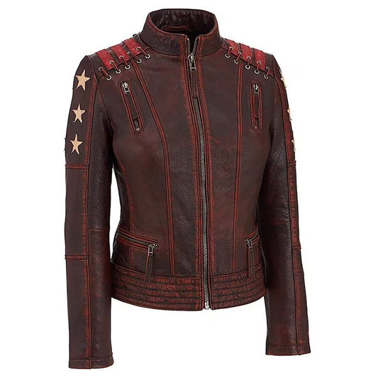 Women Red Star Biker Slim Fit Leather Jacket
