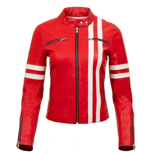 Women Red White Strip Biker Cafe Racer Rider Stylish