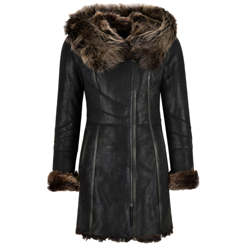 Women Shearling Coat Black Winters