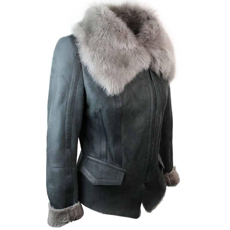 Women Shearling Sheepskin Aviator Gray Leather Jacket