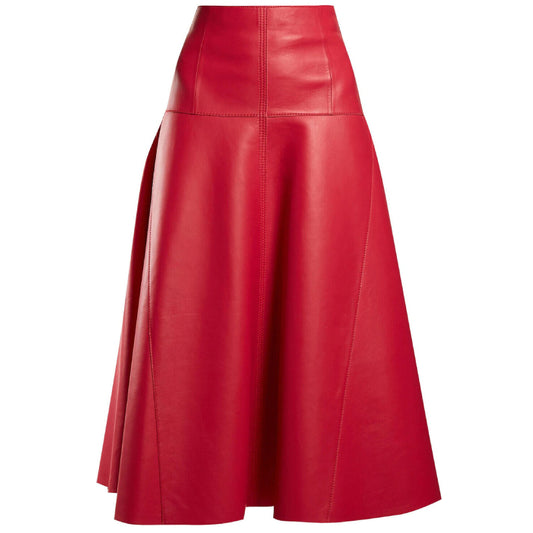 Women Soft Genuine Lambskin Red Knee Length Leather Skirt Pure Hot