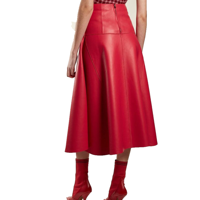 Women Soft Genuine Lambskin Red Knee Length Leather Skirt Pure Hot