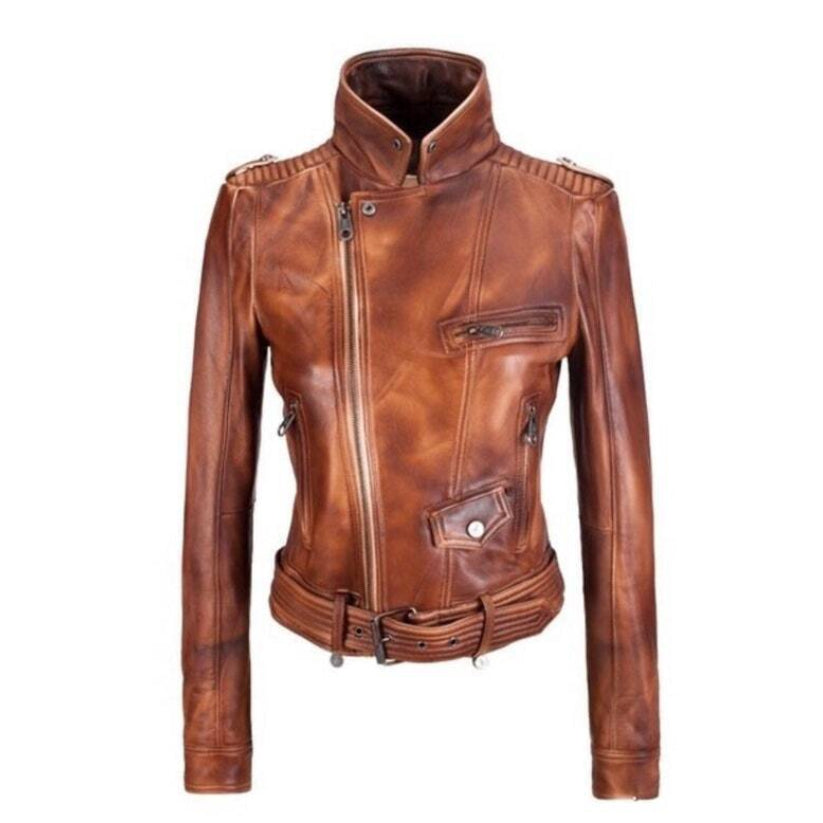 Women Vintage Style Distressed Leather Jacket