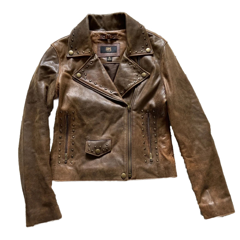 Women's 100% Lamb Studded Leather Biker Brown Jacket