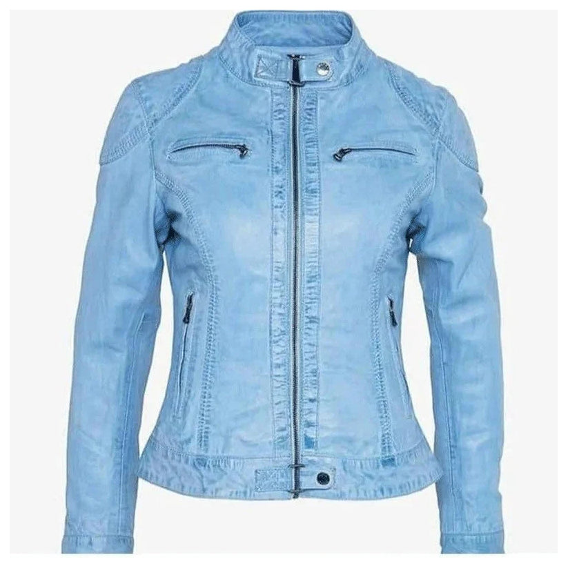 Women's Baby Blue Genuine Lambskin Soft Leather Biker Jacket