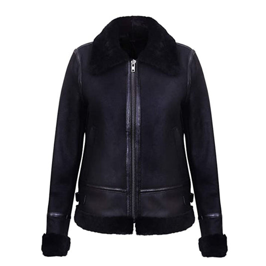 Women's Black Aviator Biker Leather Jacket