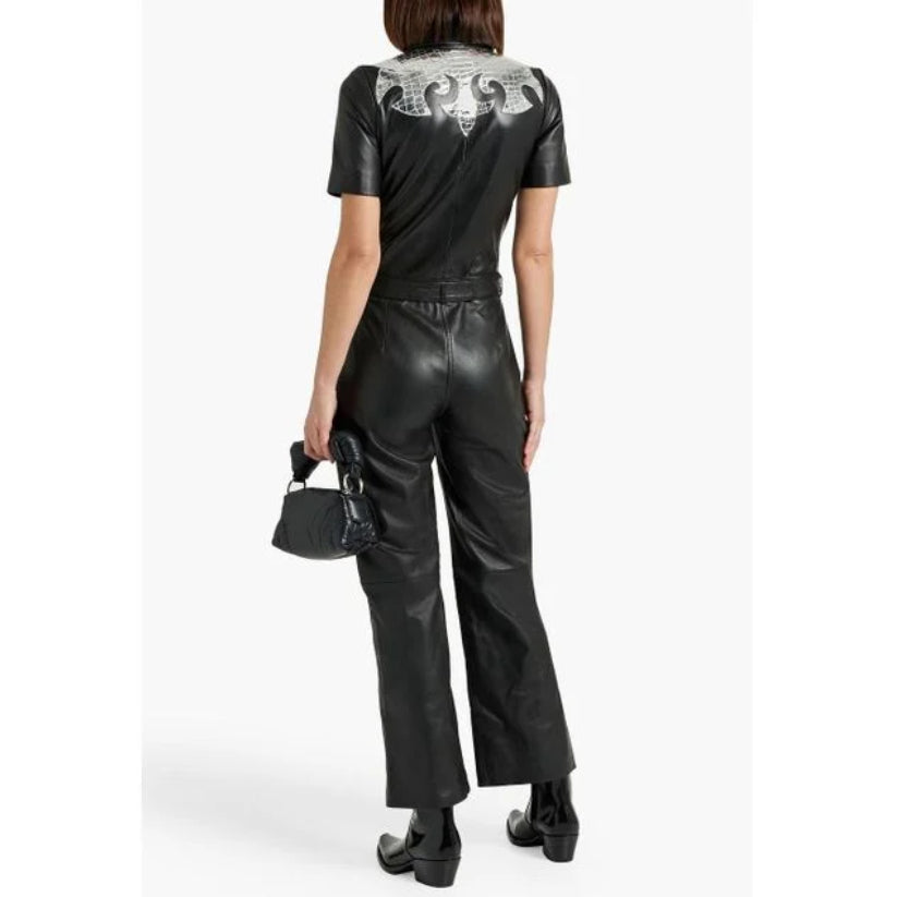 Women's Black Belted Leather Jumpsuit