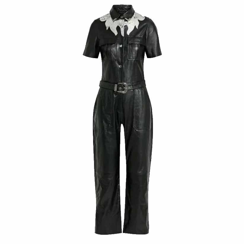 Women's Black Belted Leather Jumpsuit