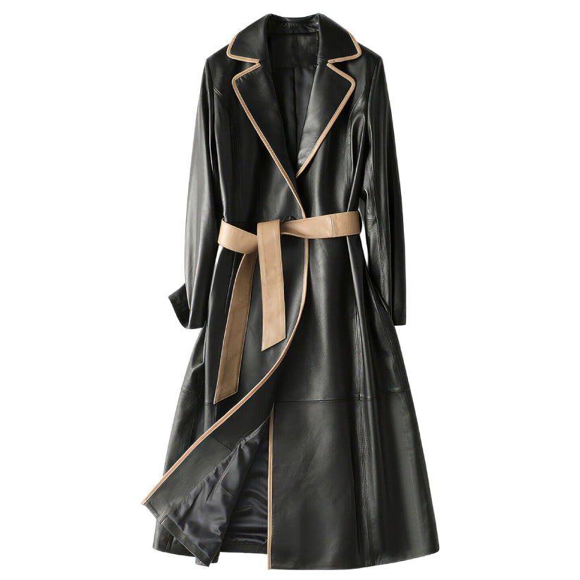 Women’s Black Genuine Sheepskin Trench Coat Brown Stripped Classic Style