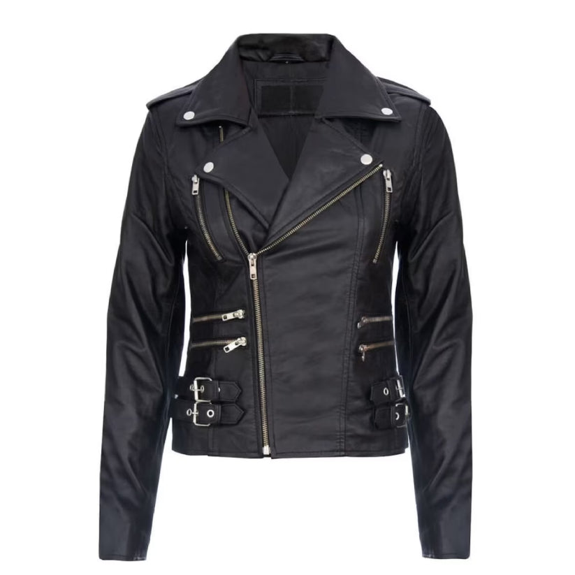 Women's Black Retro Real Leather Biker Jacket