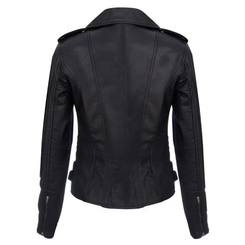 Women's Black Retro Real Leather Biker Jacket